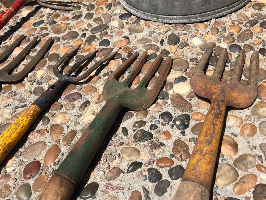 Vintage Gardening Tools Lot With Various Colored Handles And Small Galvanized Can [Photo 5]