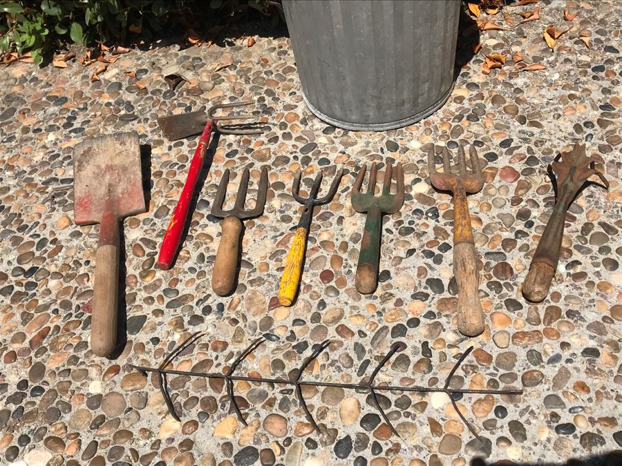 Vintage Gardening Tools Lot With Various Colored Handles And Small Galvanized Can [Photo 2]