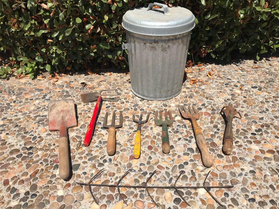 Vintage Gardening Tools Lot With Various Colored Handles And Small Galvanized Can