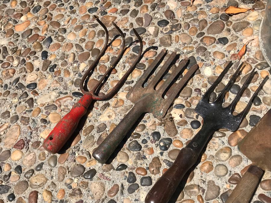 Vintage Gardening Tools Lot With Various Colored Handles And Small Galvanized Can [Photo 7]