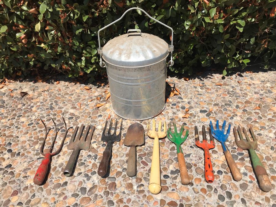 Vintage Gardening Tools Lot With Various Colored Handles And Small Galvanized Can