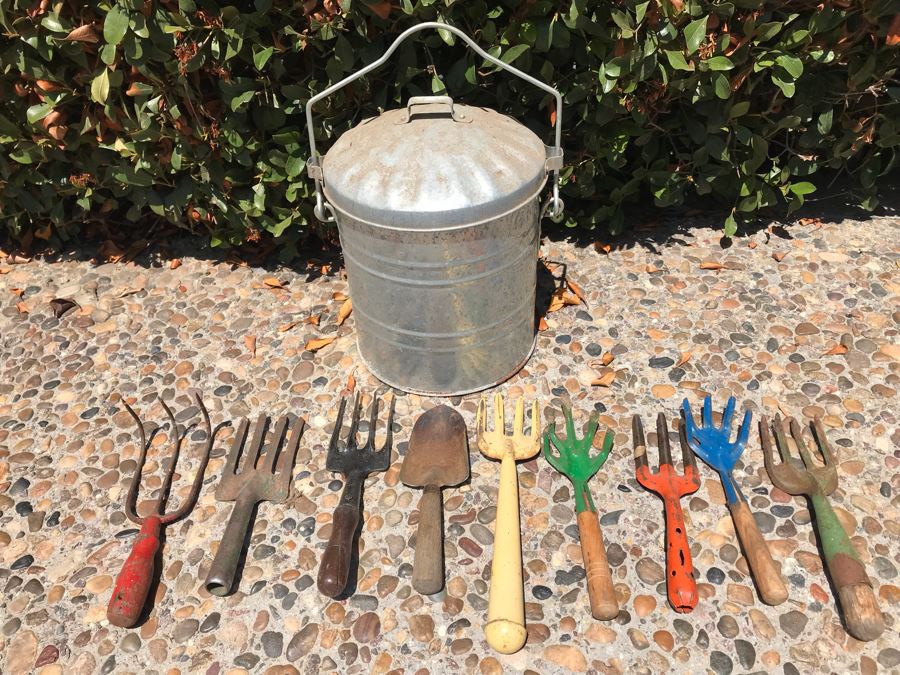 Vintage Gardening Tools Lot With Various Colored Handles And Small Galvanized Can [Photo 2]