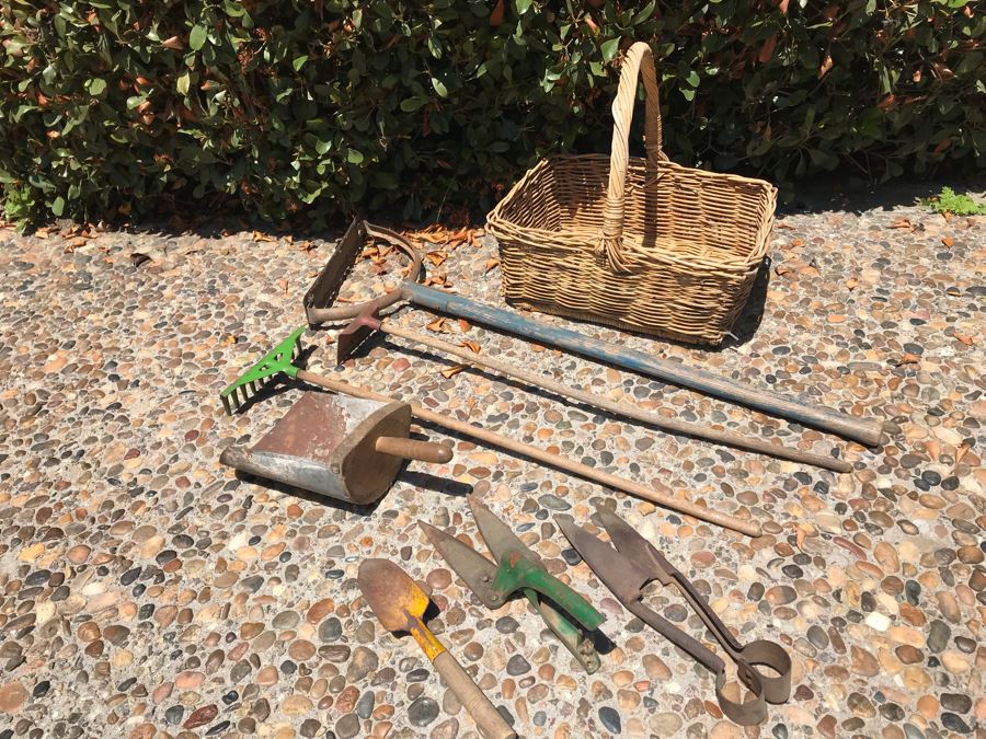 Vintage Gardening Tools, Vintage American Mercantile Metal Scoop And Woven Wicker Basket