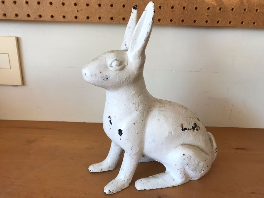 Old Cast Iron Painted White Bunny Rabbit Garden Statuary 9'W X 11'H [Photo 2]