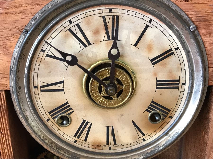 Antique Mechanical Clock With Carved Wooden Clock Case And Painted Glass Front - May Need Servicing 15'W X 4'D X 23'H [Photo 9]