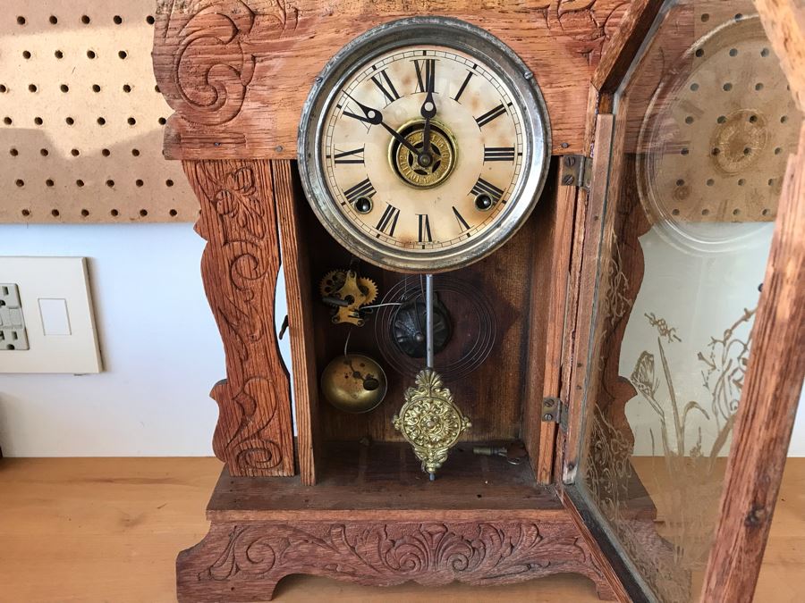 Antique Mechanical Clock With Carved Wooden Clock Case And Painted Glass Front - May Need Servicing 15'W X 4'D X 23'H [Photo 7]