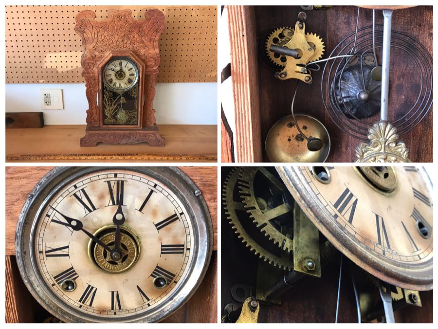 Antique Mechanical Clock With Carved Wooden Clock Case And Painted Glass Front - May Need Servicing 15'W X 4'D X 23'H