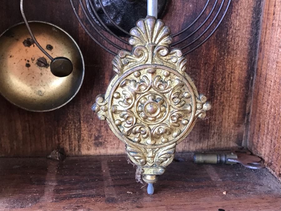 Antique Mechanical Clock With Carved Wooden Clock Case And Painted Glass Front - May Need Servicing 15'W X 4'D X 23'H [Photo 12]