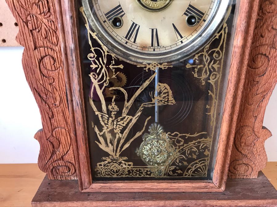 Antique Mechanical Clock With Carved Wooden Clock Case And Painted Glass Front - May Need Servicing 15'W X 4'D X 23'H [Photo 6]