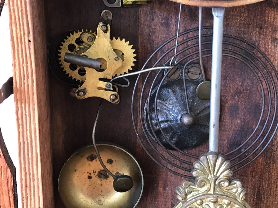Antique Mechanical Clock With Carved Wooden Clock Case And Painted Glass Front - May Need Servicing 15'W X 4'D X 23'H [Photo 13]