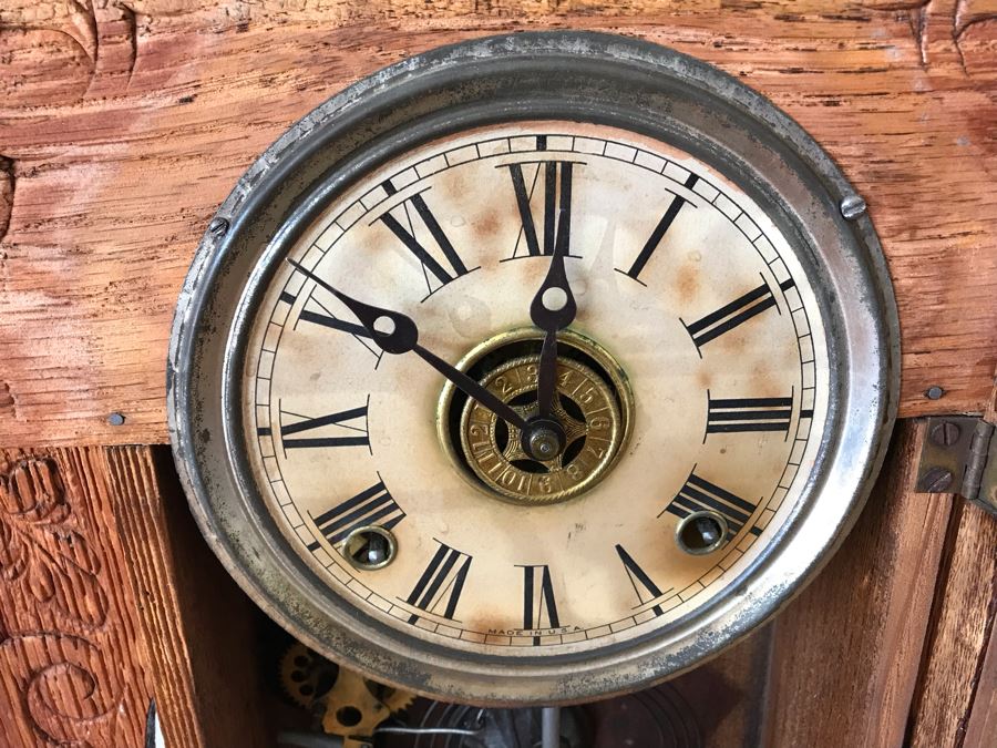 Antique Mechanical Clock With Carved Wooden Clock Case And Painted Glass Front - May Need Servicing 15'W X 4'D X 23'H [Photo 8]