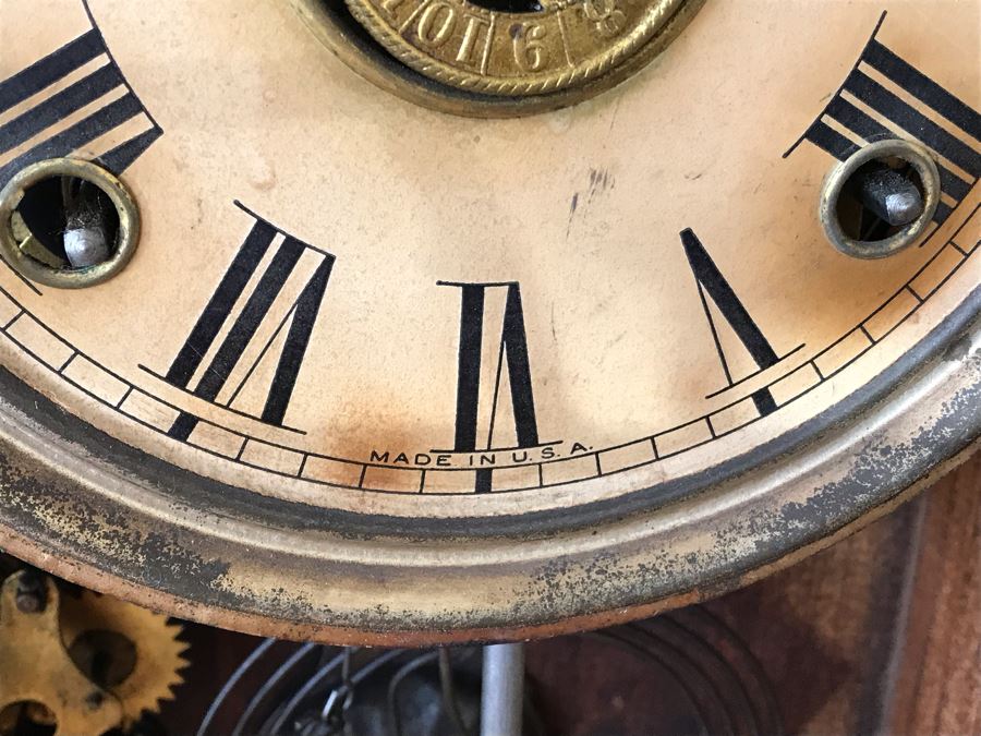 Antique Mechanical Clock With Carved Wooden Clock Case And Painted Glass Front - May Need Servicing 15'W X 4'D X 23'H [Photo 11]