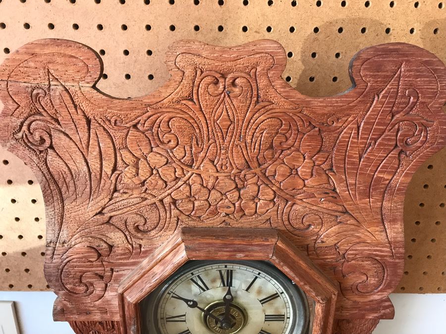 Antique Mechanical Clock With Carved Wooden Clock Case And Painted Glass Front - May Need Servicing 15'W X 4'D X 23'H [Photo 3]
