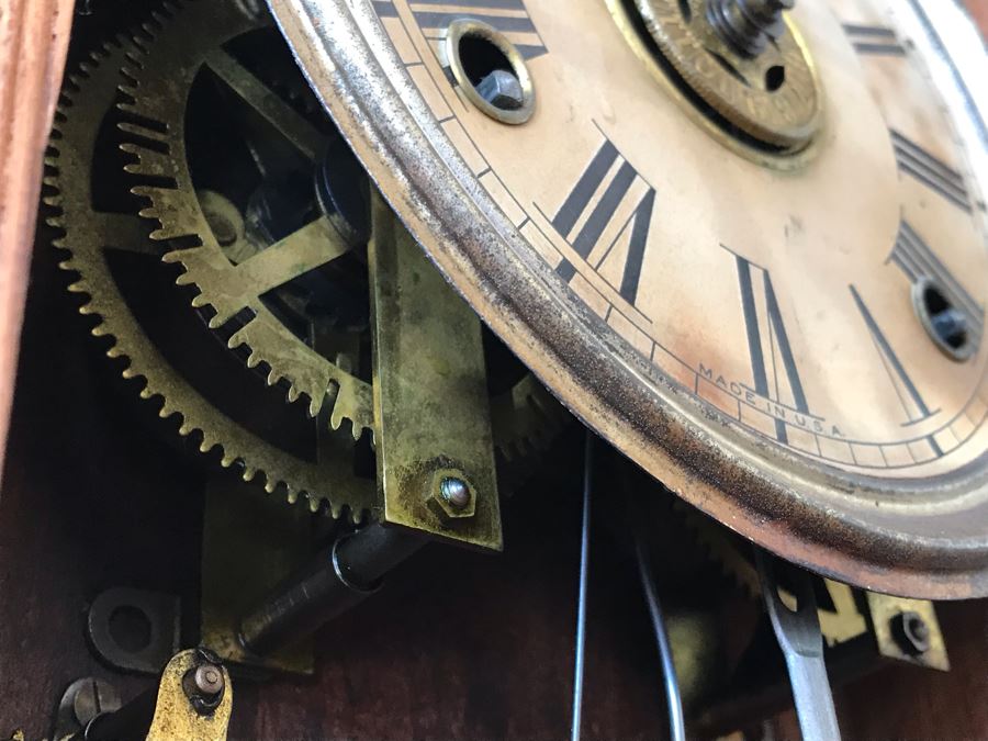 Antique Mechanical Clock With Carved Wooden Clock Case And Painted Glass Front - May Need Servicing 15'W X 4'D X 23'H [Photo 15]