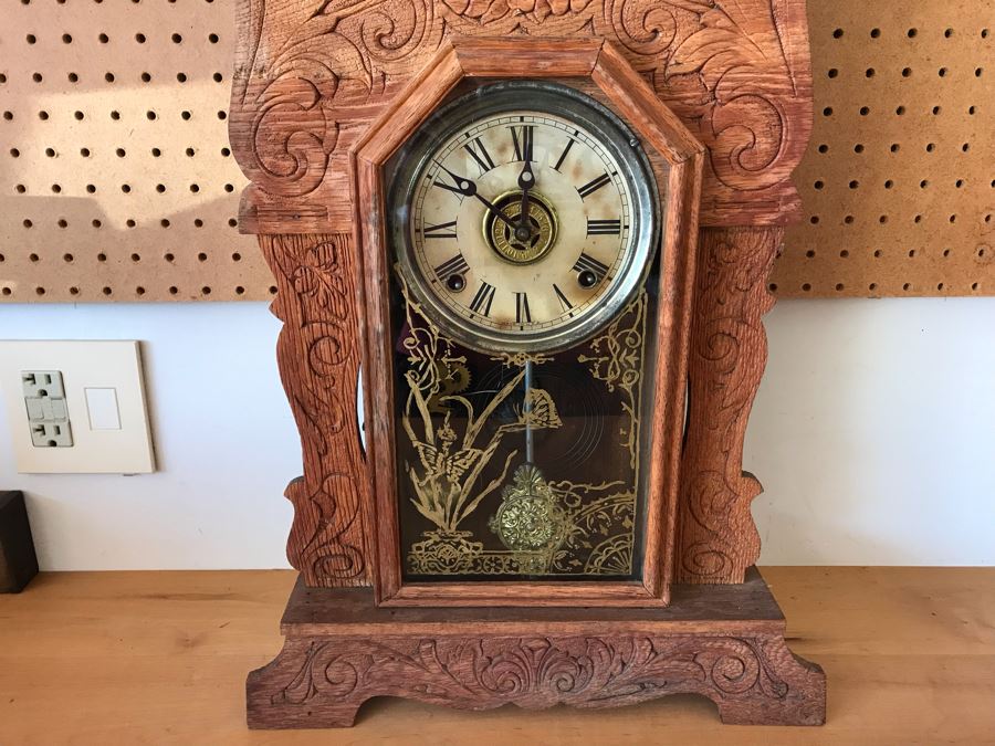 Antique Mechanical Clock With Carved Wooden Clock Case And Painted Glass Front - May Need Servicing 15'W X 4'D X 23'H [Photo 5]