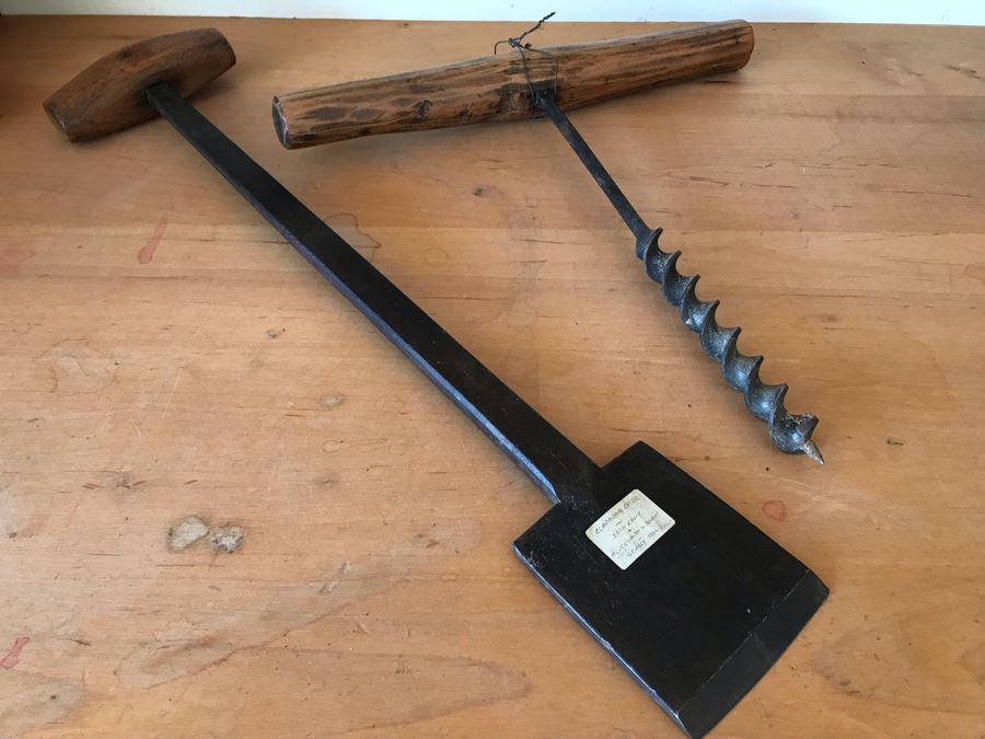 Antique 19th Century Clapboard Chisel Blacksmith Wrought Iron Tool And Antique Wooden-Handled Corkscrew Drill