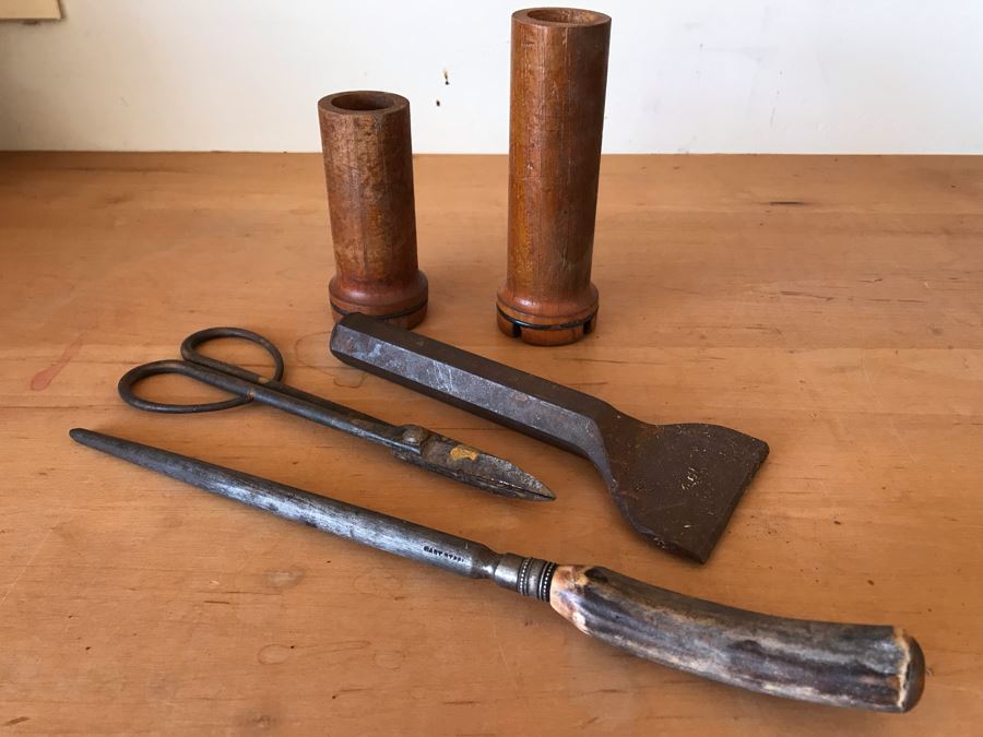 Old Tools Including A Chisel, Shears, Sharpener