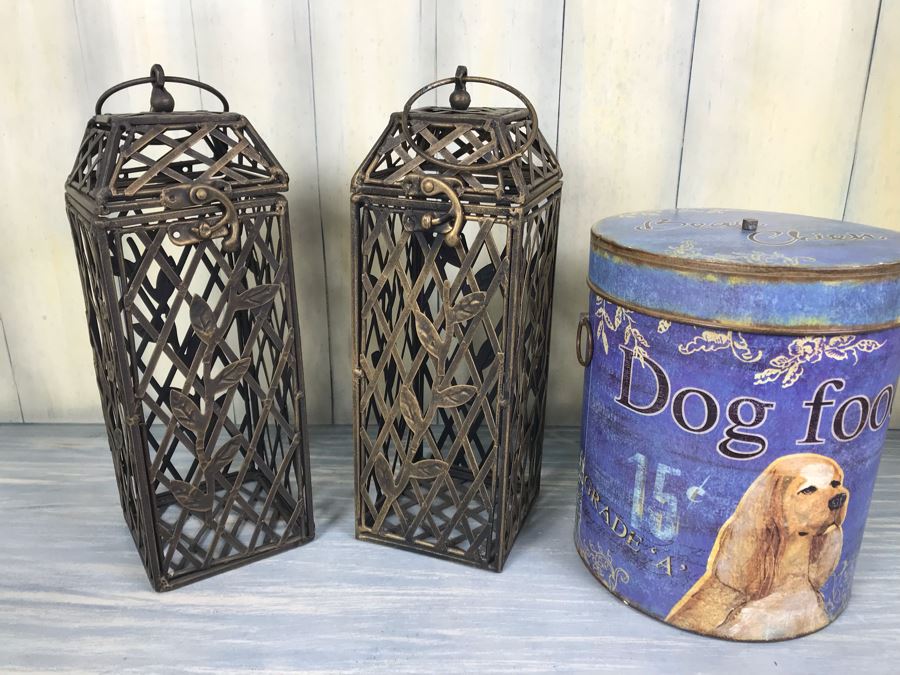 Pair Of Metal Candle Holders And Dog Food Tin With Pair Of Dog Leashes [Photo 1]