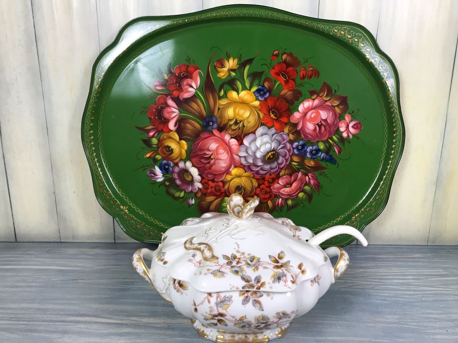 Vintage Haviland & Co Soup Tureen And Hand Painted Signed Floral Metal Tray