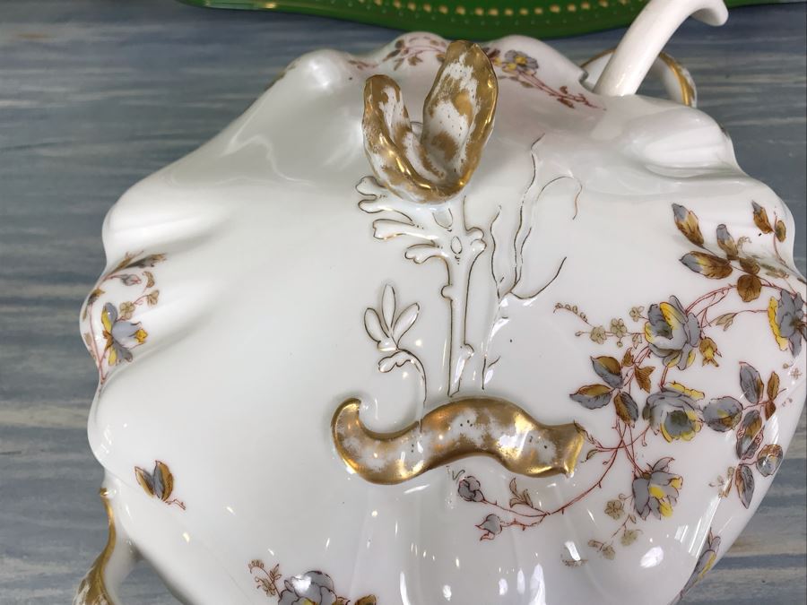 Vintage Haviland & Co Soup Tureen And Hand Painted Signed Floral Metal Tray [Photo 10]