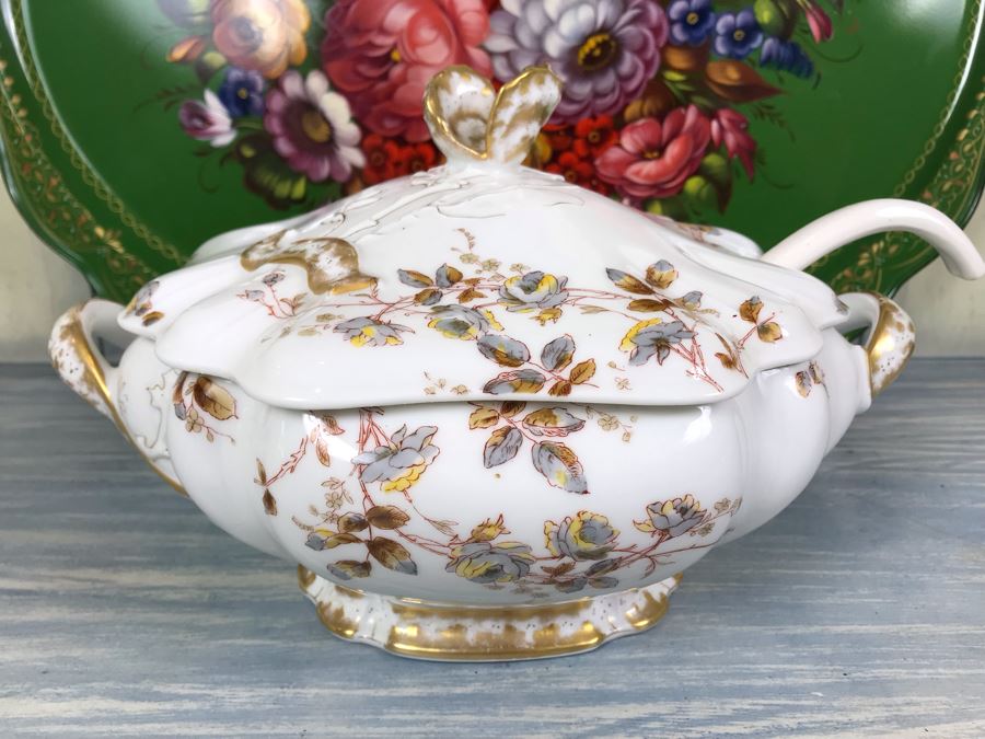 Vintage Haviland & Co Soup Tureen And Hand Painted Signed Floral Metal Tray [Photo 2]