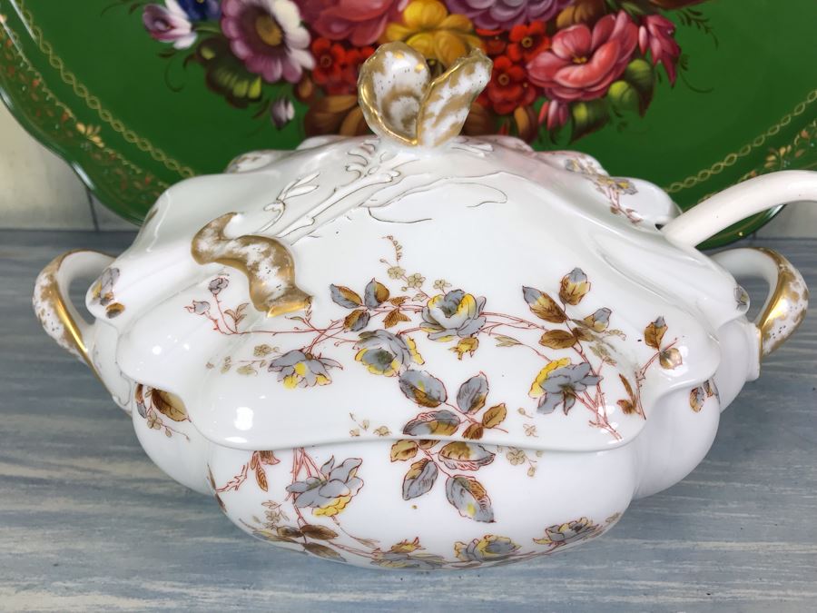 Vintage Haviland & Co Soup Tureen And Hand Painted Signed Floral Metal Tray [Photo 3]