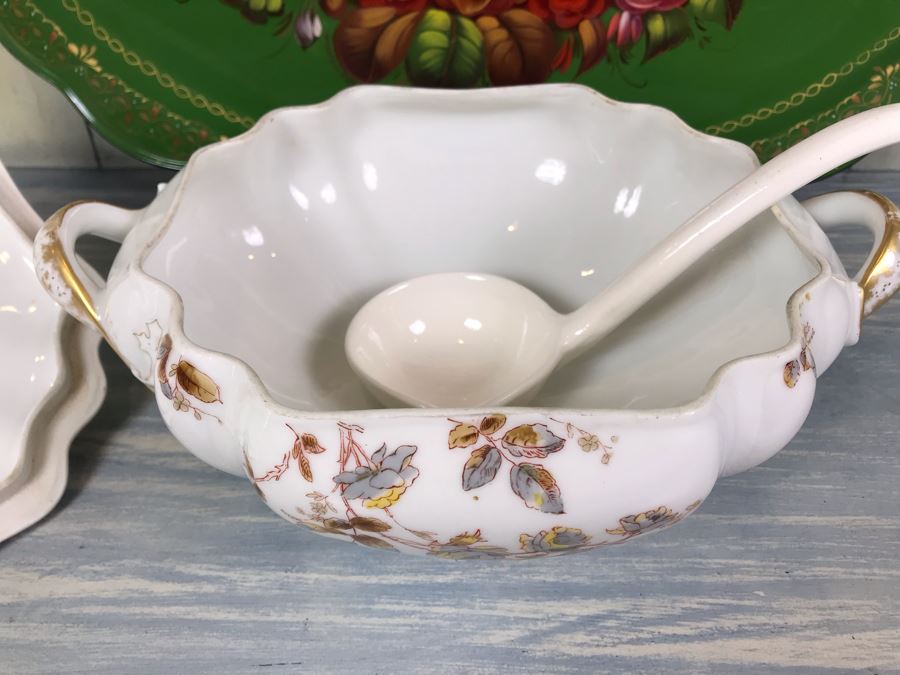Vintage Haviland & Co Soup Tureen And Hand Painted Signed Floral Metal Tray [Photo 7]
