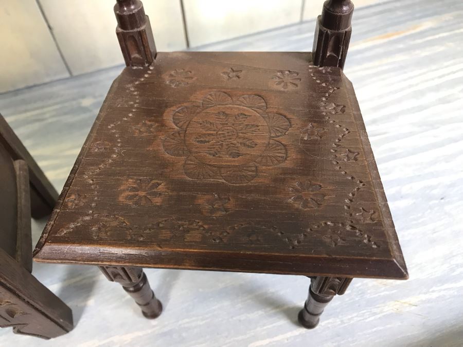 Pair Of Intricately Hand Carved Wooden Doll Furniture Chair And Cupboard Plus Wooden Box [Photo 7]