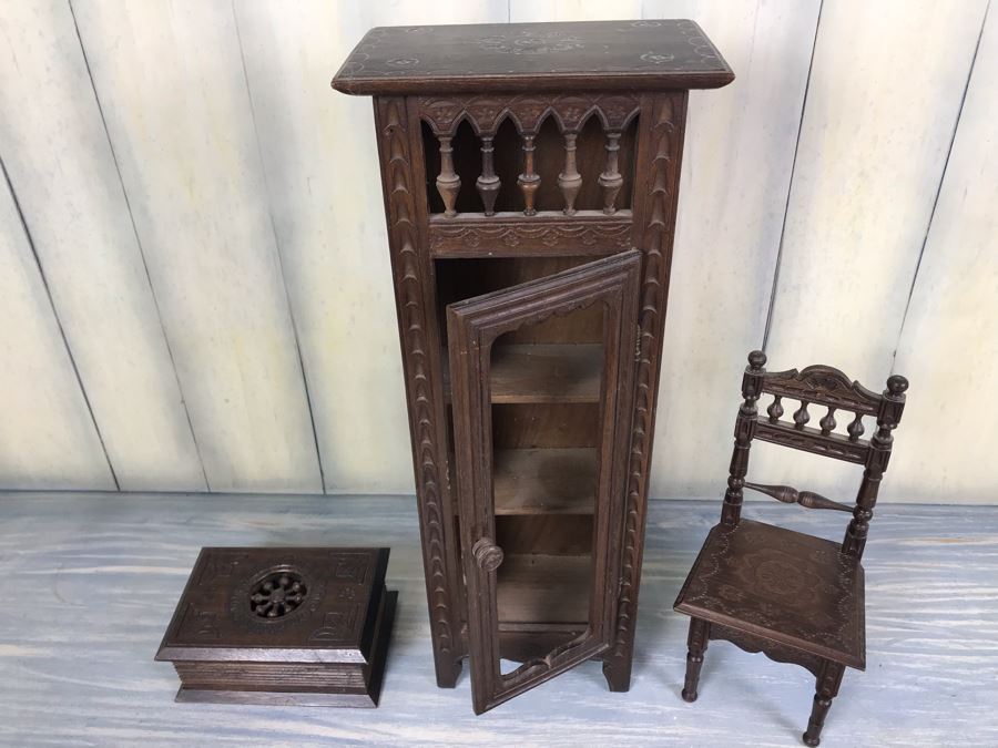 Pair Of Intricately Hand Carved Wooden Doll Furniture Chair And Cupboard Plus Wooden Box [Photo 2]