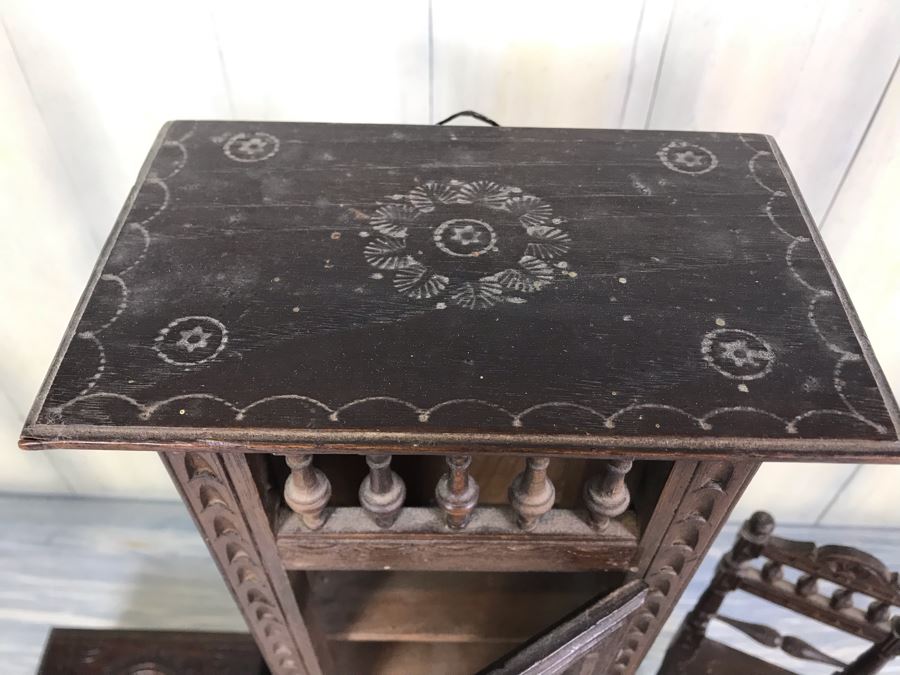 Pair Of Intricately Hand Carved Wooden Doll Furniture Chair And Cupboard Plus Wooden Box [Photo 3]