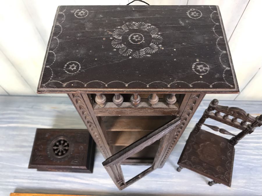Pair Of Intricately Hand Carved Wooden Doll Furniture Chair And Cupboard Plus Wooden Box [Photo 4]