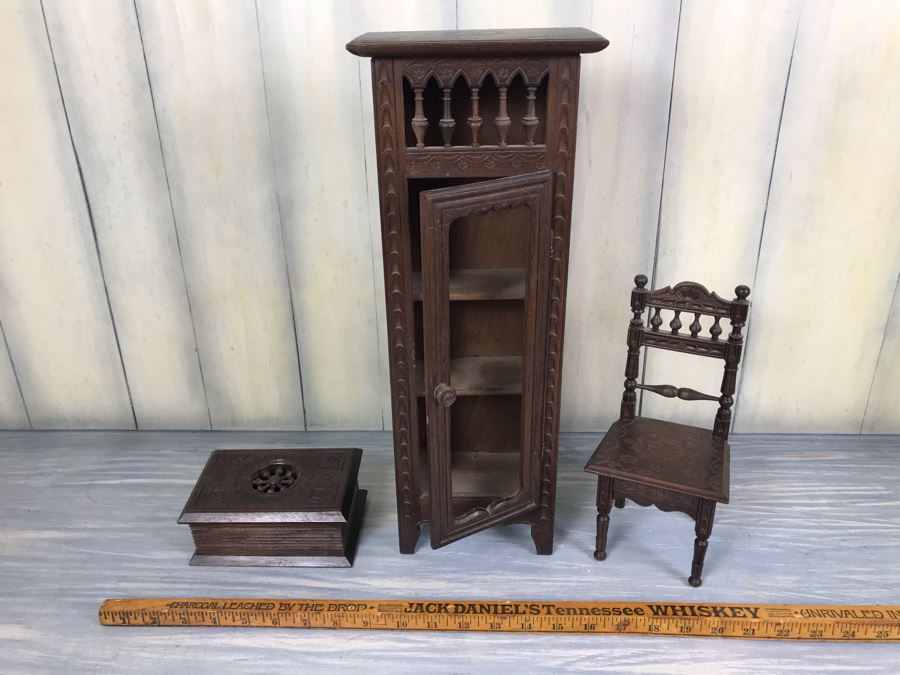 Pair Of Intricately Hand Carved Wooden Doll Furniture Chair And Cupboard Plus Wooden Box