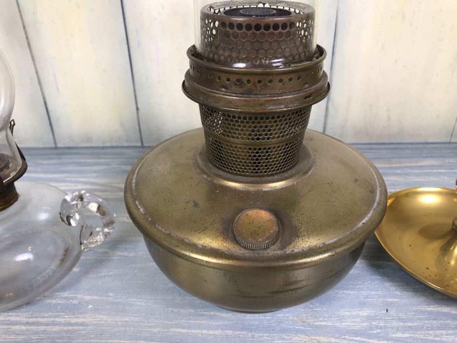 Pair Of Vintage Kerosene Oil Lamps Including An Aladdin Model B By Mantle Lamp Co Queen Anne And Vintage Brass Adjustable Candle Holder With Handle [Photo 3]