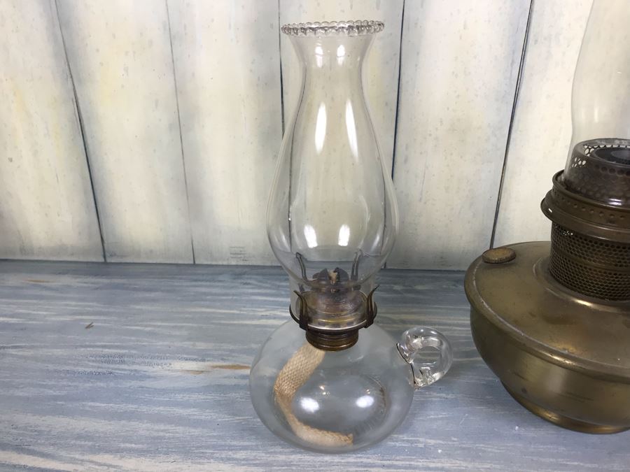 Pair Of Vintage Kerosene Oil Lamps Including An Aladdin Model B By Mantle Lamp Co Queen Anne And Vintage Brass Adjustable Candle Holder With Handle [Photo 7]
