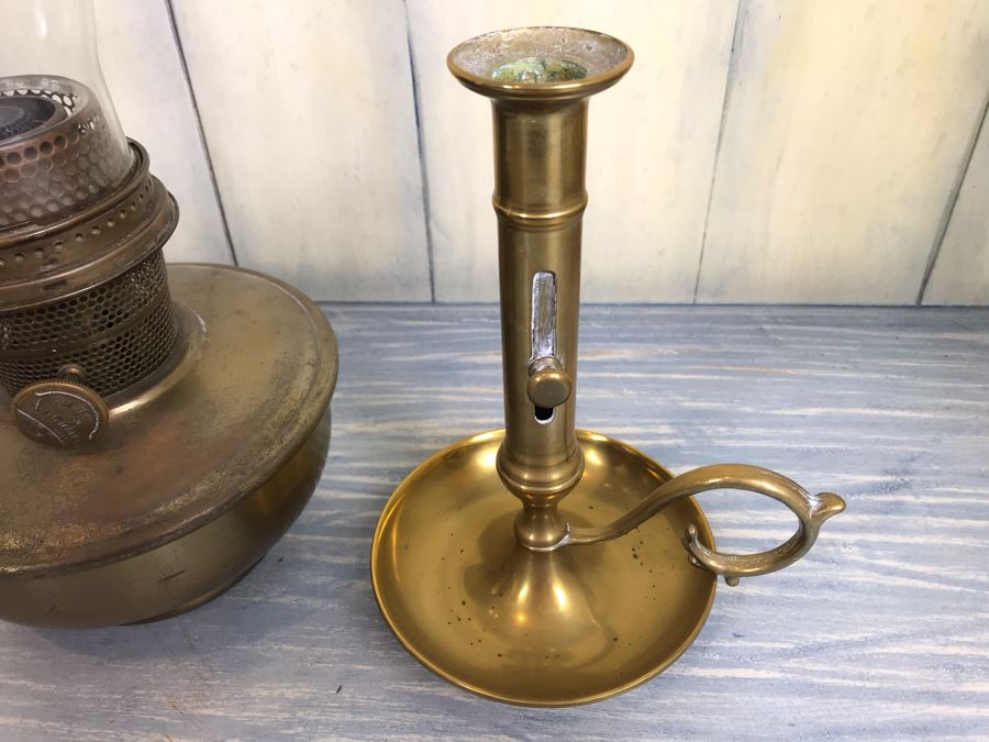 Pair Of Vintage Kerosene Oil Lamps Including An Aladdin Model B By Mantle Lamp Co Queen Anne And Vintage Brass Adjustable Candle Holder With Handle [Photo 11]