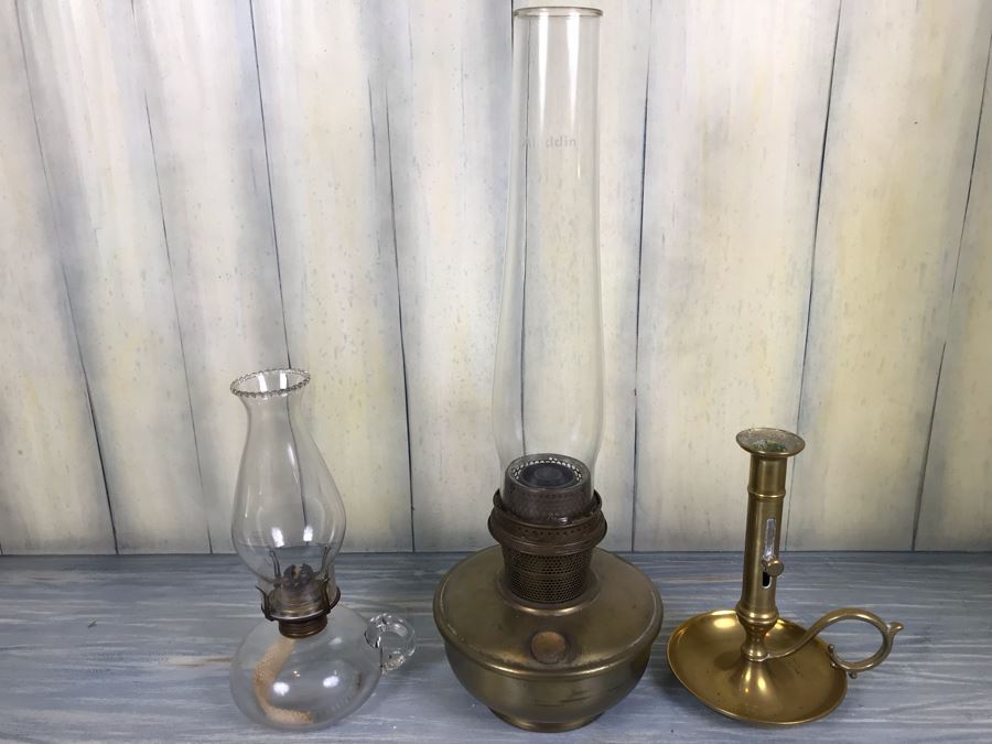 Pair Of Vintage Kerosene Oil Lamps Including An Aladdin Model B By Mantle Lamp Co Queen Anne And Vintage Brass Adjustable Candle Holder With Handle [Photo 1]