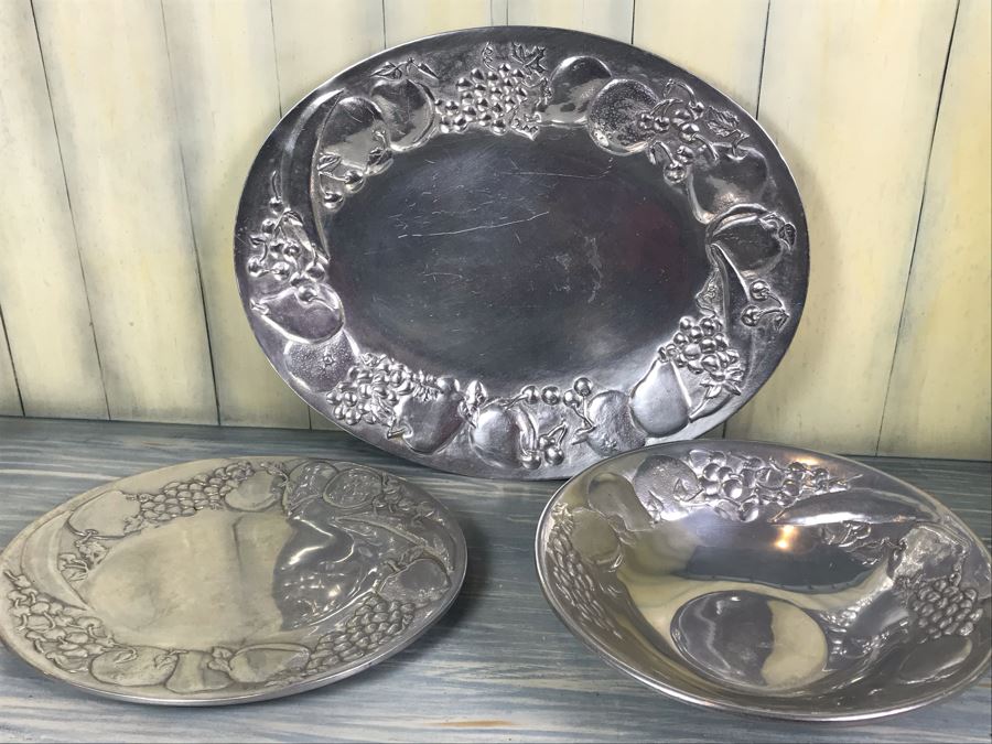 Set Of (3) Wilton Armetale Serving Pieces: Platter, Bowl And Plate With Fruit Motif [Photo 1]