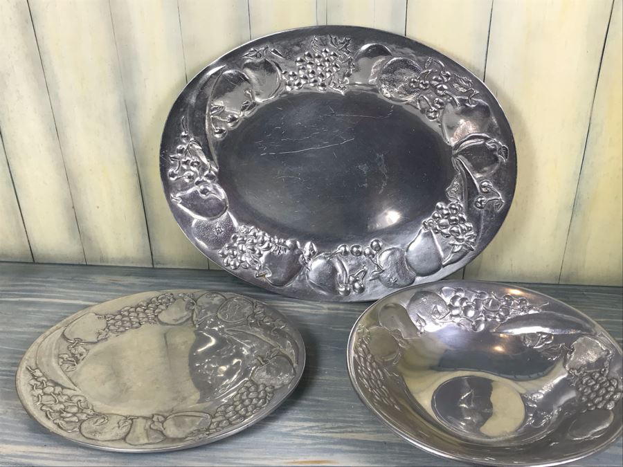 Set Of (3) Wilton Armetale Serving Pieces: Platter, Bowl And Plate With Fruit Motif [Photo 2]