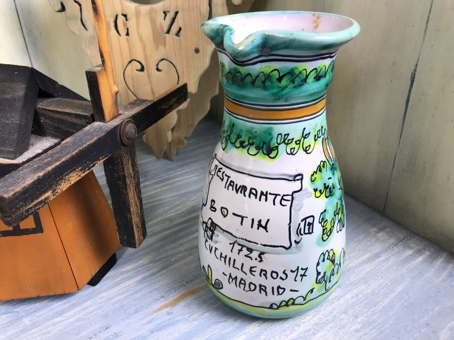 Vintage Carved Wooden Wall Shelf, Hand Painted Spanish Vessel Pitcher And Part Of A Vintage Whirligig Windmill [Photo 2]