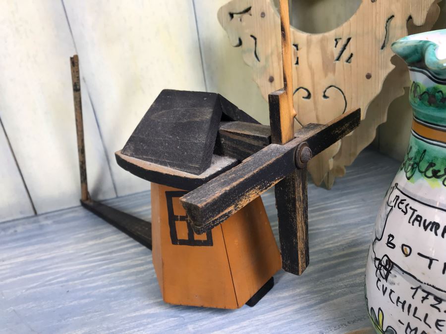 Vintage Carved Wooden Wall Shelf, Hand Painted Spanish Vessel Pitcher And Part Of A Vintage Whirligig Windmill [Photo 4]