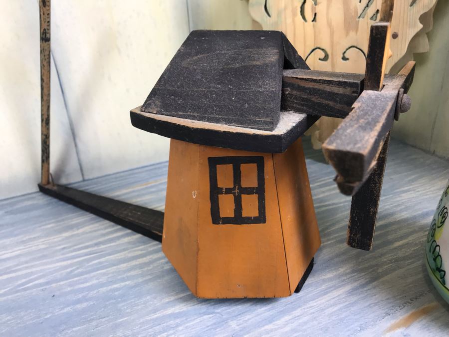 Vintage Carved Wooden Wall Shelf, Hand Painted Spanish Vessel Pitcher And Part Of A Vintage Whirligig Windmill [Photo 5]