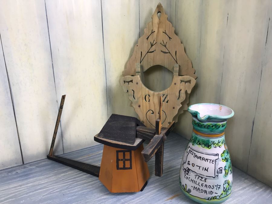 Vintage Carved Wooden Wall Shelf, Hand Painted Spanish Vessel Pitcher And Part Of A Vintage Whirligig Windmill [Photo 1]