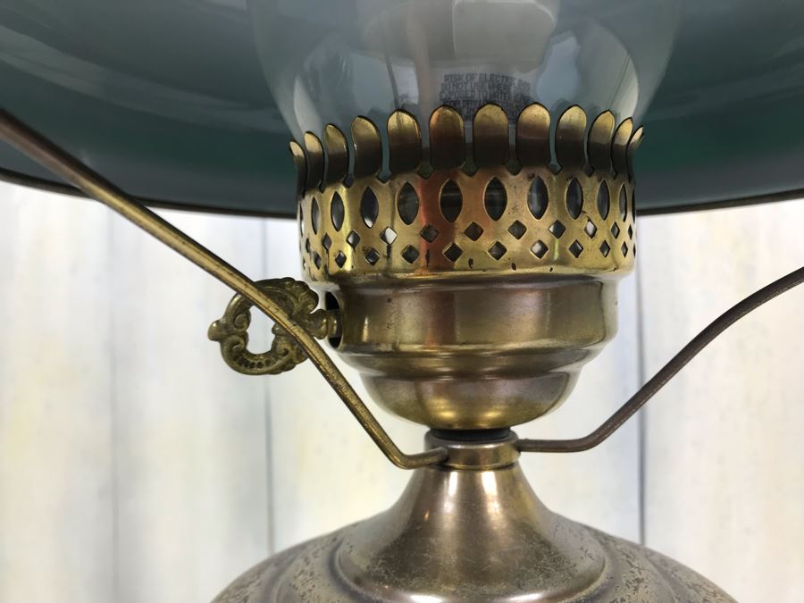 Vintage Electrified Brass Table Oil Lamp With Glass Hurricane And Glass Shade (Shade Has Crack) [Photo 5]