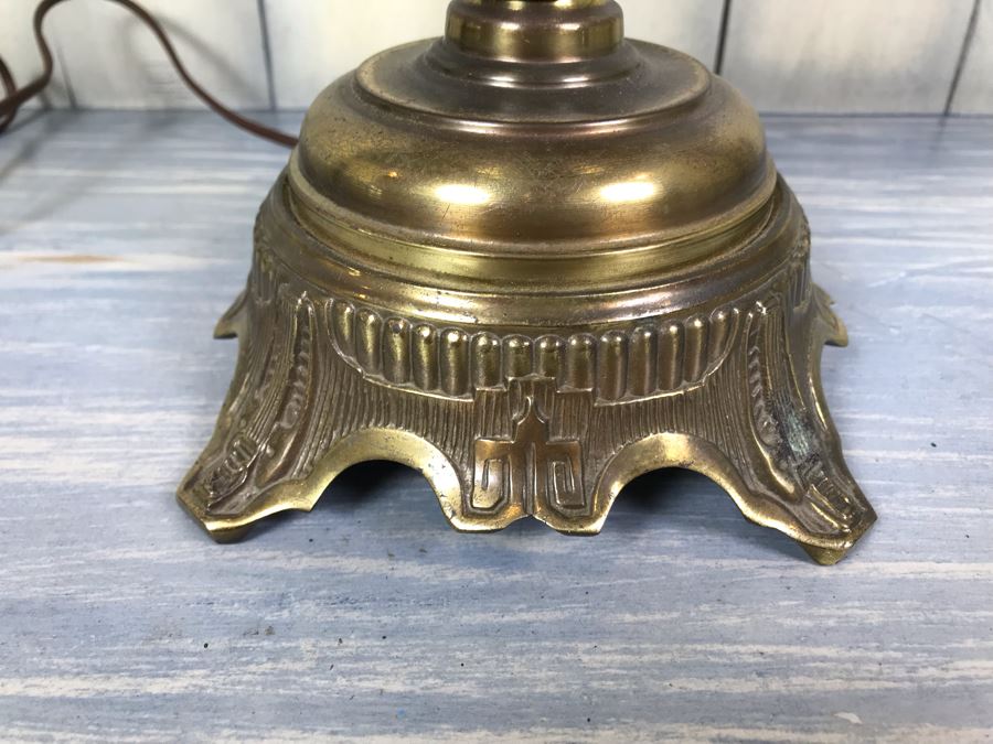 Vintage Electrified Brass Table Oil Lamp With Glass Hurricane And Glass Shade (Shade Has Crack) [Photo 3]