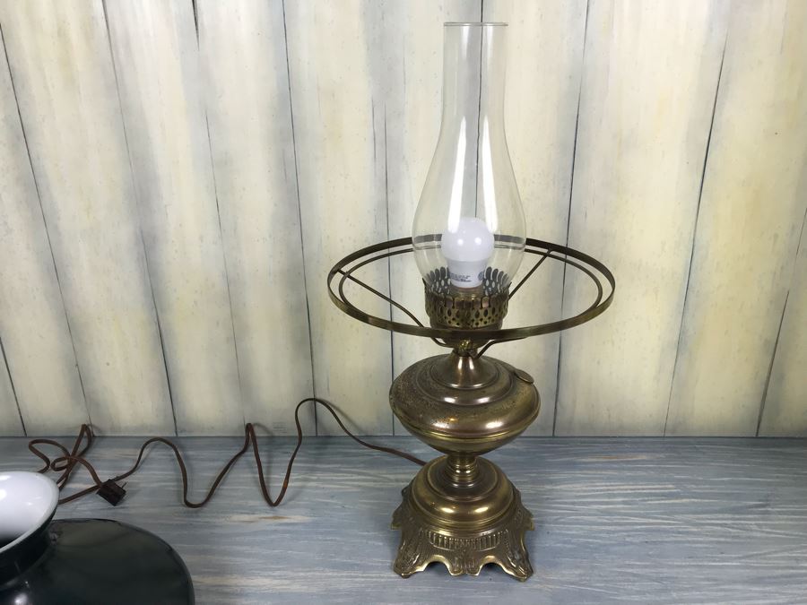 Vintage Electrified Brass Table Oil Lamp With Glass Hurricane And Glass Shade (Shade Has Crack) [Photo 8]