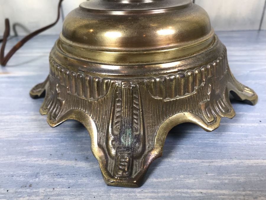 Vintage Electrified Brass Table Oil Lamp With Glass Hurricane And Glass Shade (Shade Has Crack) [Photo 7]