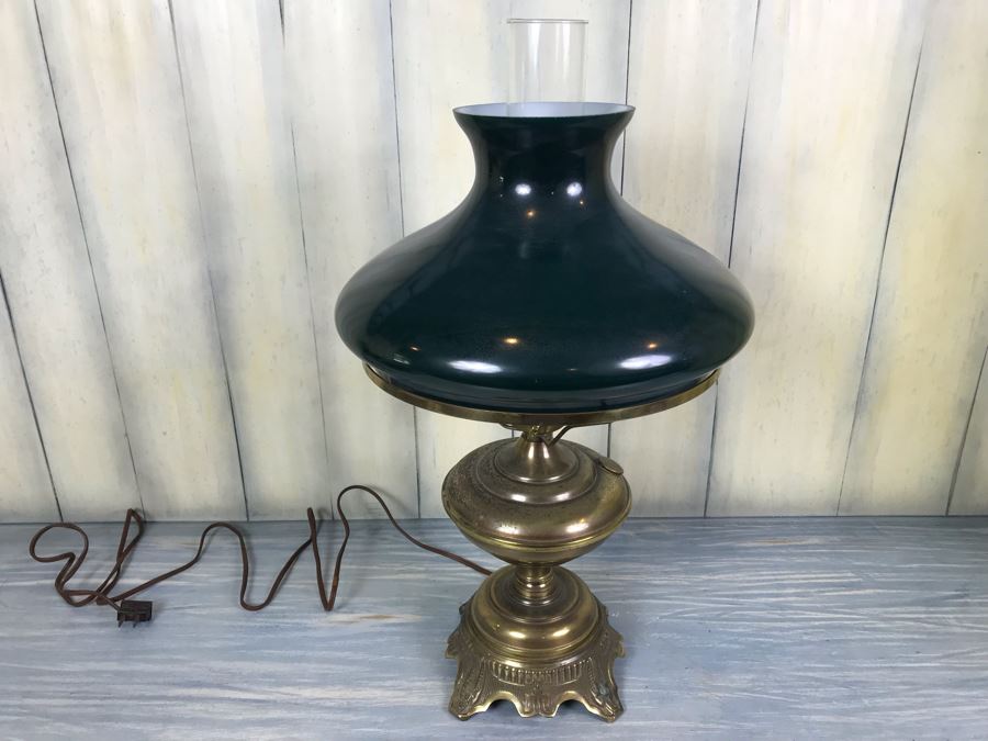 Vintage Electrified Brass Table Oil Lamp With Glass Hurricane And Glass Shade (Shade Has Crack)