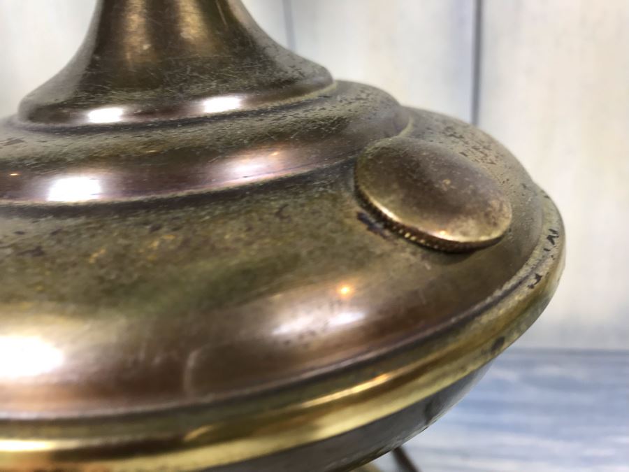 Vintage Electrified Brass Table Oil Lamp With Glass Hurricane And Glass Shade (Shade Has Crack) [Photo 6]