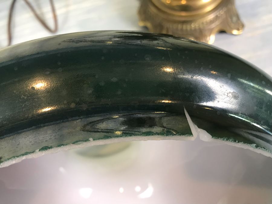 Vintage Electrified Brass Table Oil Lamp With Glass Hurricane And Glass Shade (Shade Has Crack) [Photo 9]