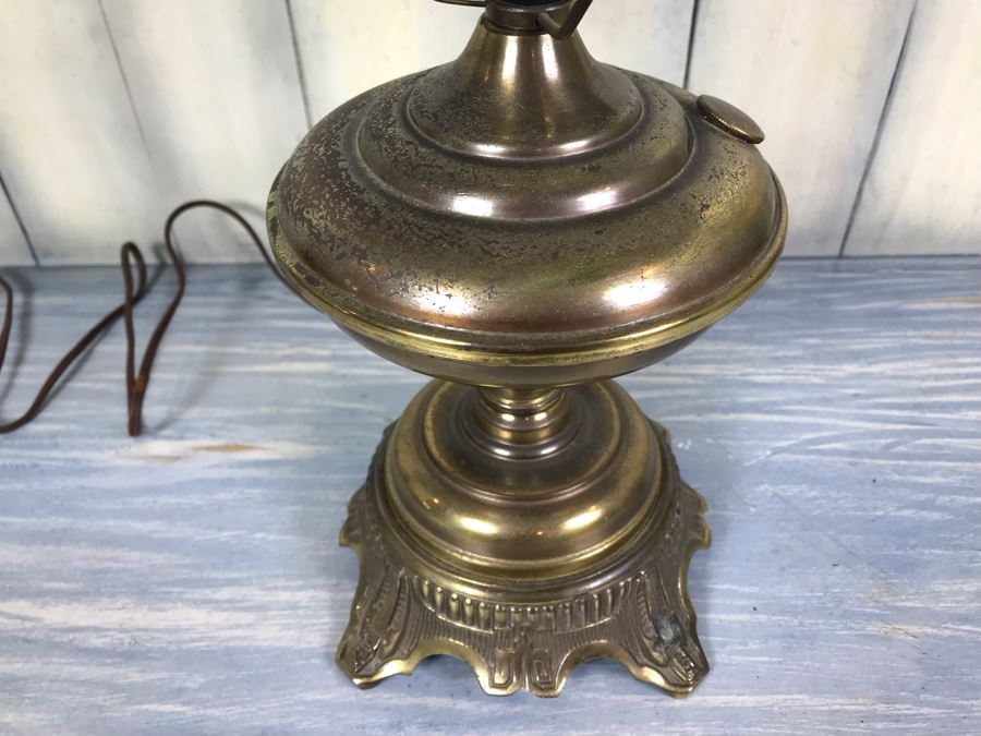 Vintage Electrified Brass Table Oil Lamp With Glass Hurricane And Glass Shade (Shade Has Crack) [Photo 4]
